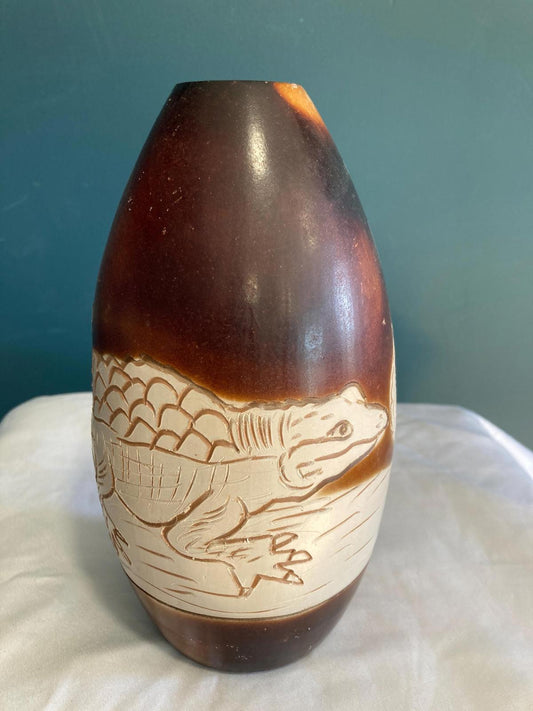 Vintage Hand Carved Solid Wood Iguana Vase