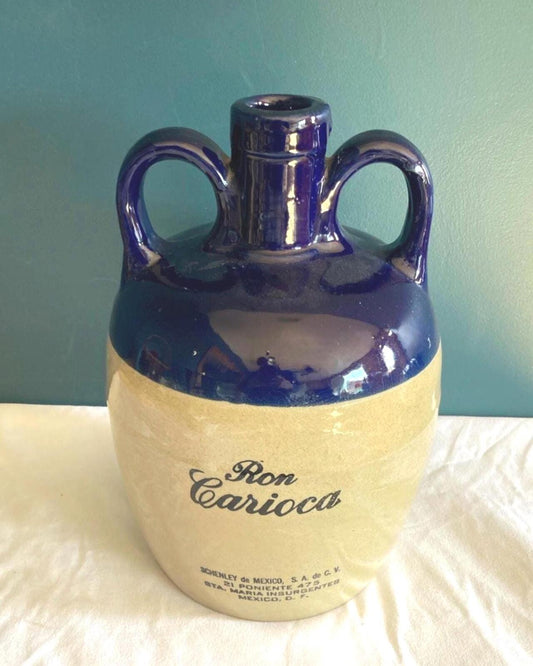 Large Pottery Crock Ron Carioca Rum Jug, Blue & Tan Stoneware, Rustic Bar Decor, Vintage Finds