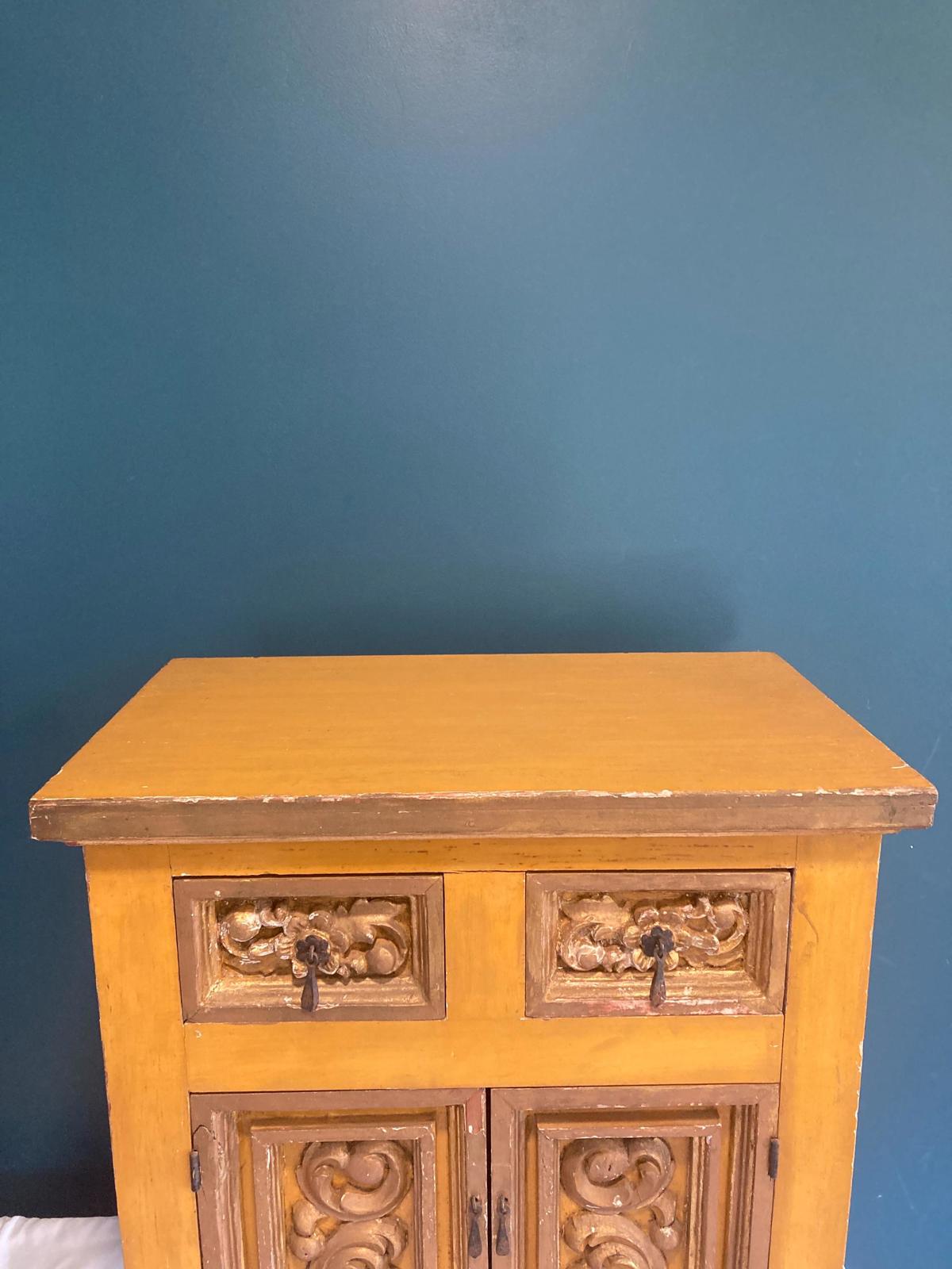 Antique Hand Carved Yellow and Gold Small Painted Wood Cabinet
