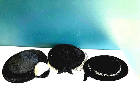 Vintage Black Women's Hats Velour, Silk with veil, set of 3