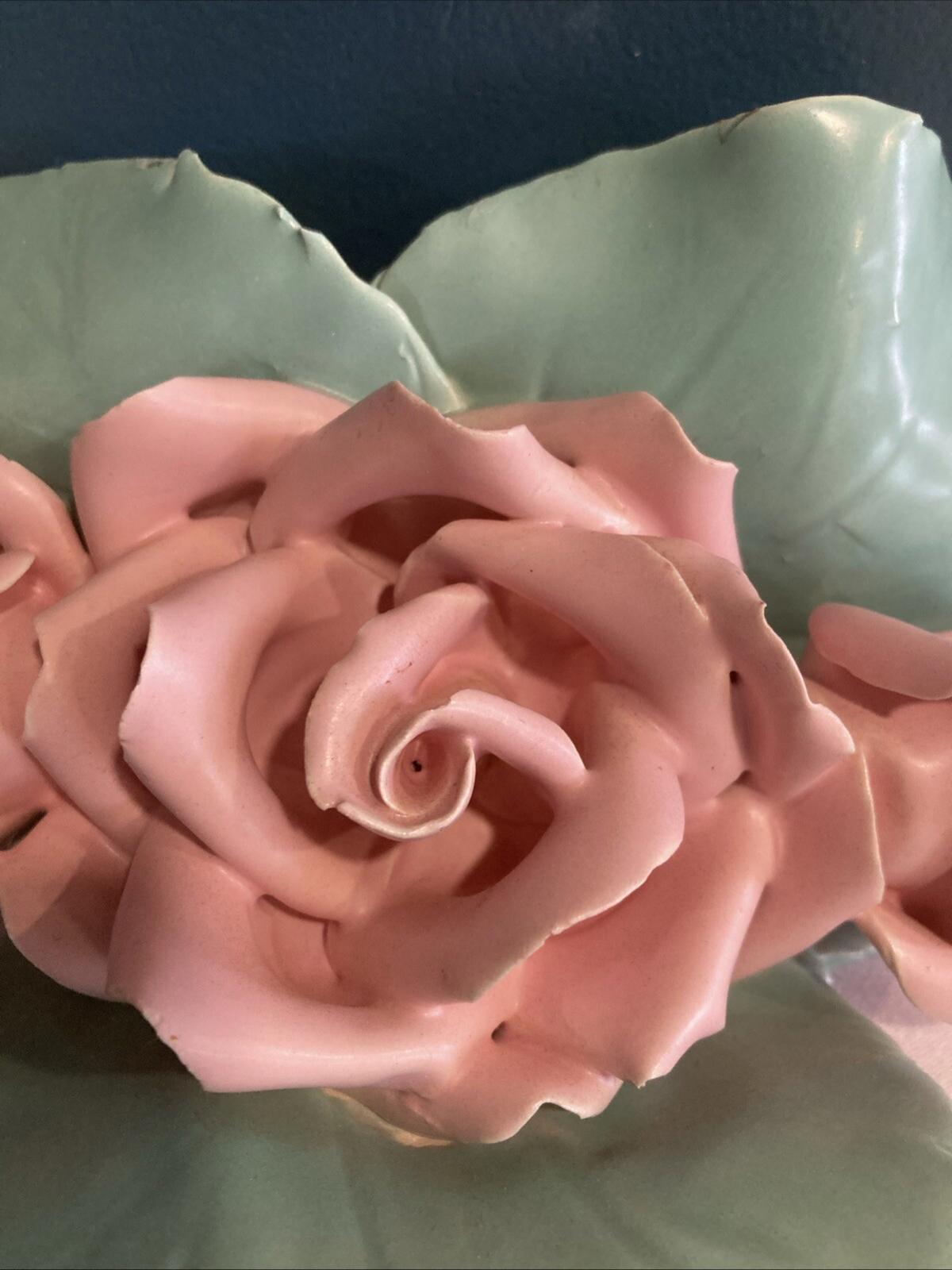 Vintage Porcelain Pink Rose Green Leaf Sculpture Centerpiece 8.4” Wide
