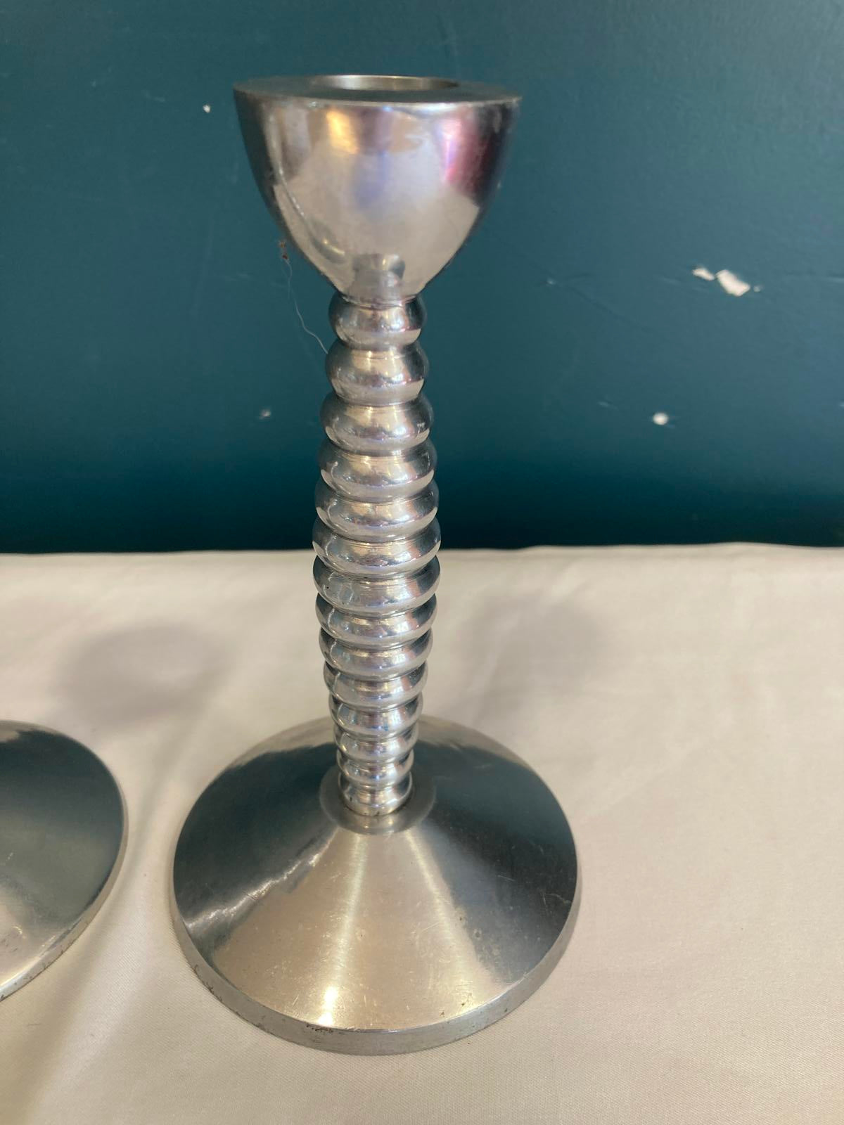 Metalworks by International Stacked Ring Candlesticks Pair Mid Century Modern
