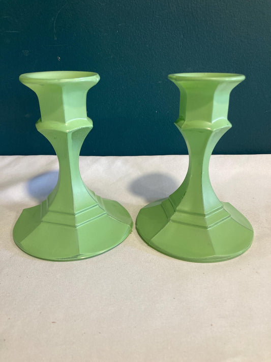 Vintage Green Painted Glass Candlesticks, set of 2