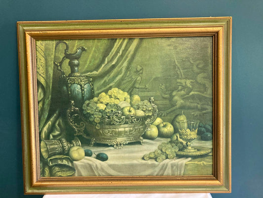 Vintage Framed Still Life Painting – Grapes, Goblet & Fruit, Gold Frame