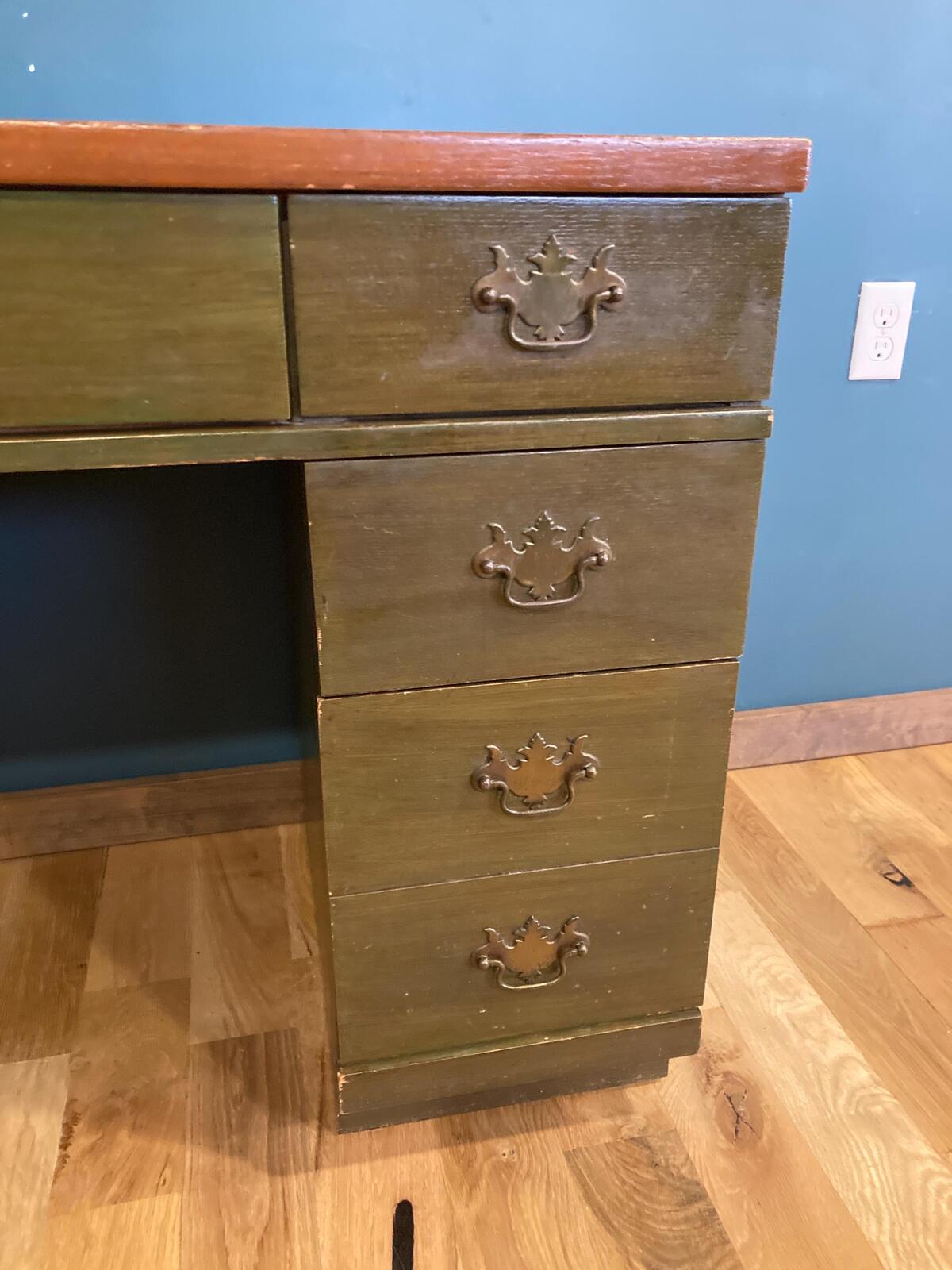 Mid Century Bassett Wooden Desk, Green Stained Solid Wood Desk, 7 Drawer Writing Desk, Vintage Office Furniture