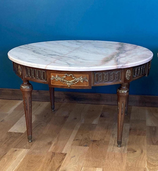 Antique Spanish Marble Topped 31.5" Round Side Table With Ornate Brass Accents