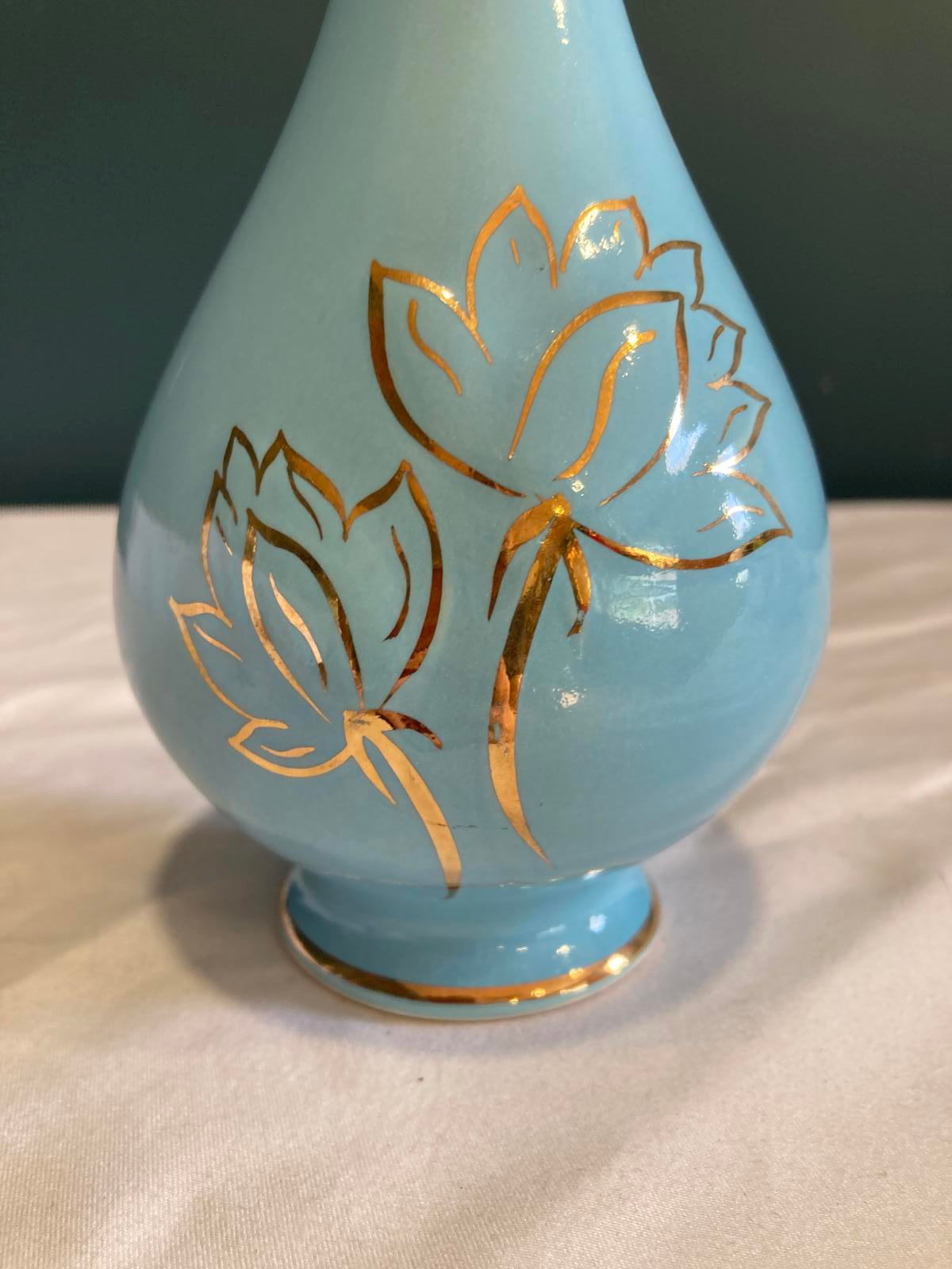 Vintage Blue & 22k Gold Lotus Vase by Pearl China Co.