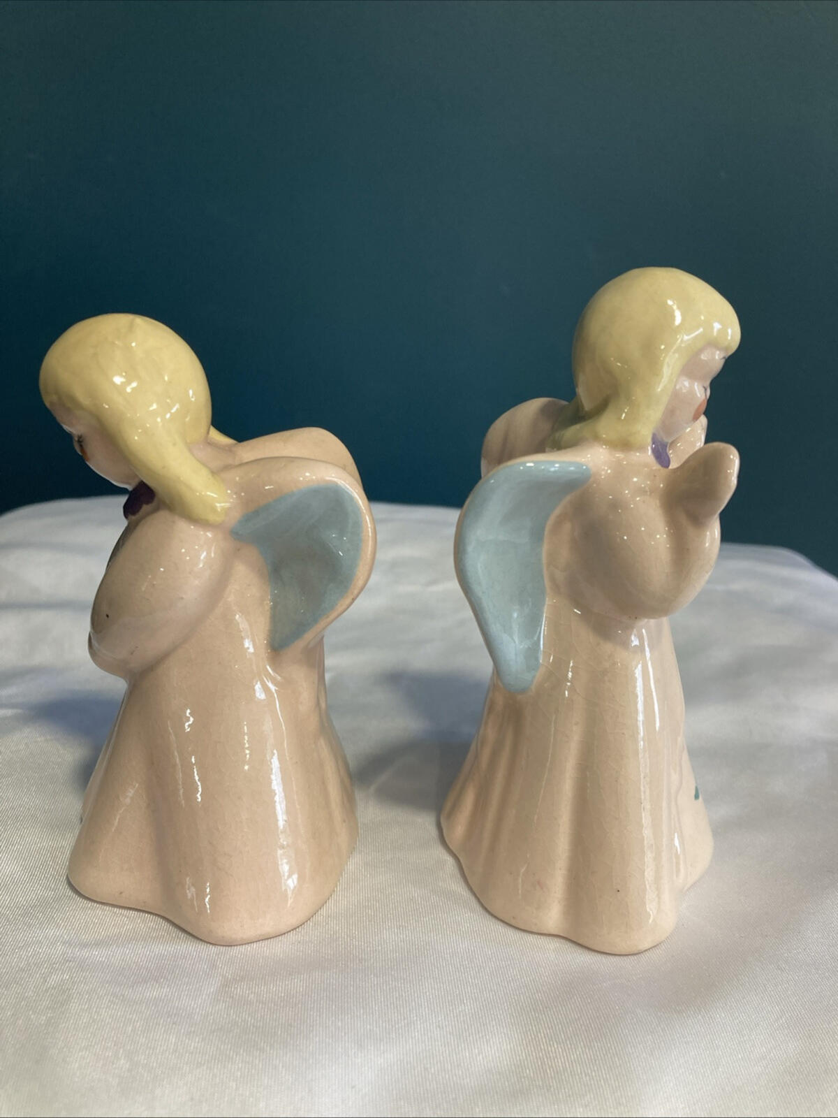 Vintage Kay Finch Praying Angel Figurines California Pottery Pink Blue Wings