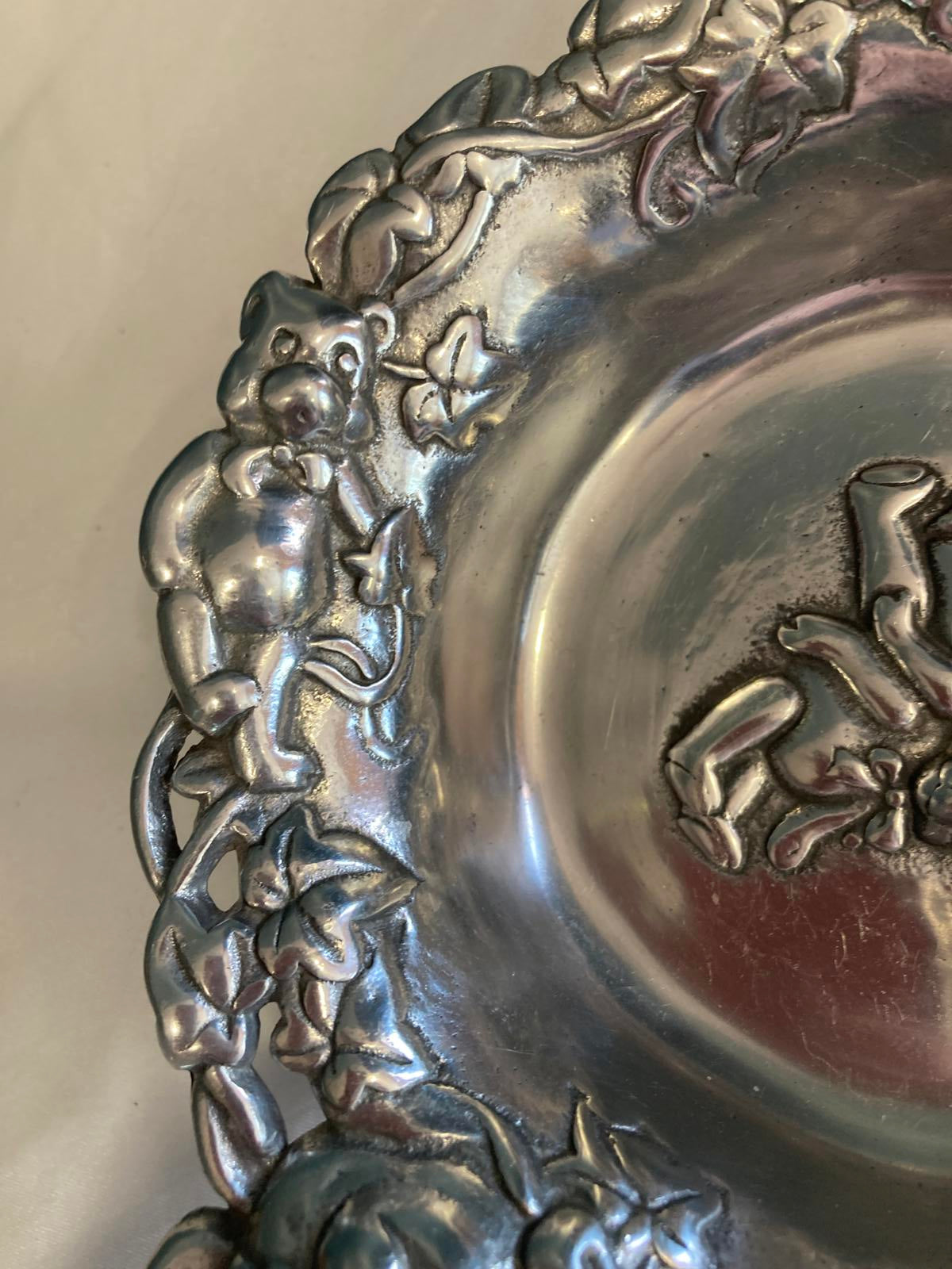 Arthur Court Teddy Bear Bowl Silver Aluminum Ornate Floral Rim