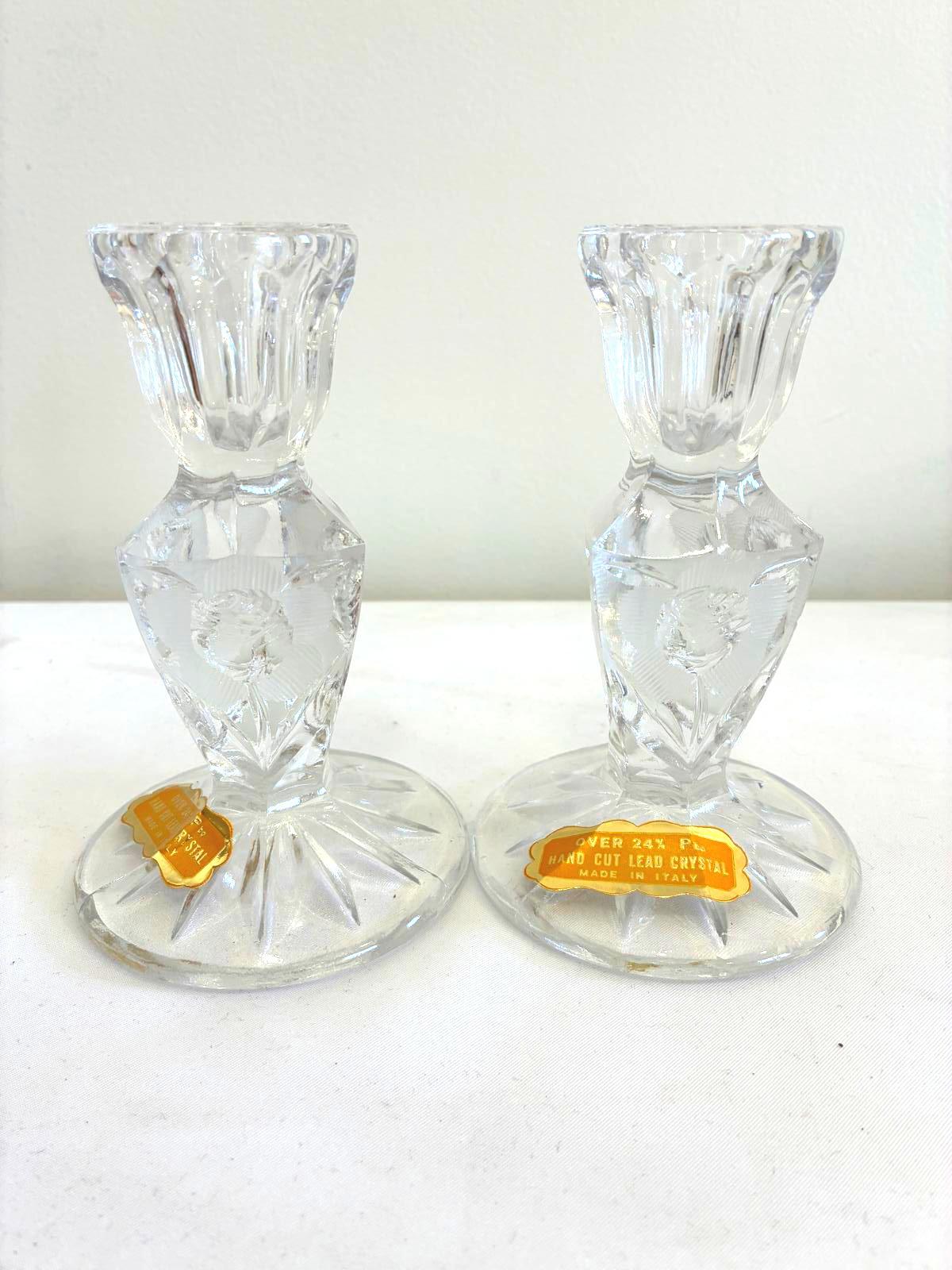 Rosa Di Roma Crystal Candle Holders Made in Italy Set of 2 Vintage Finds