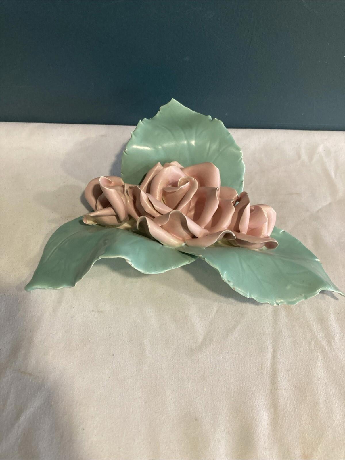 Vintage Porcelain Pink Rose Green Leaf Sculpture Centerpiece 8.4” Wide