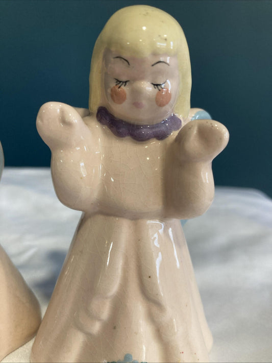 Vintage Kay Finch Praying Angel Figurines California Pottery Pink Blue Wings