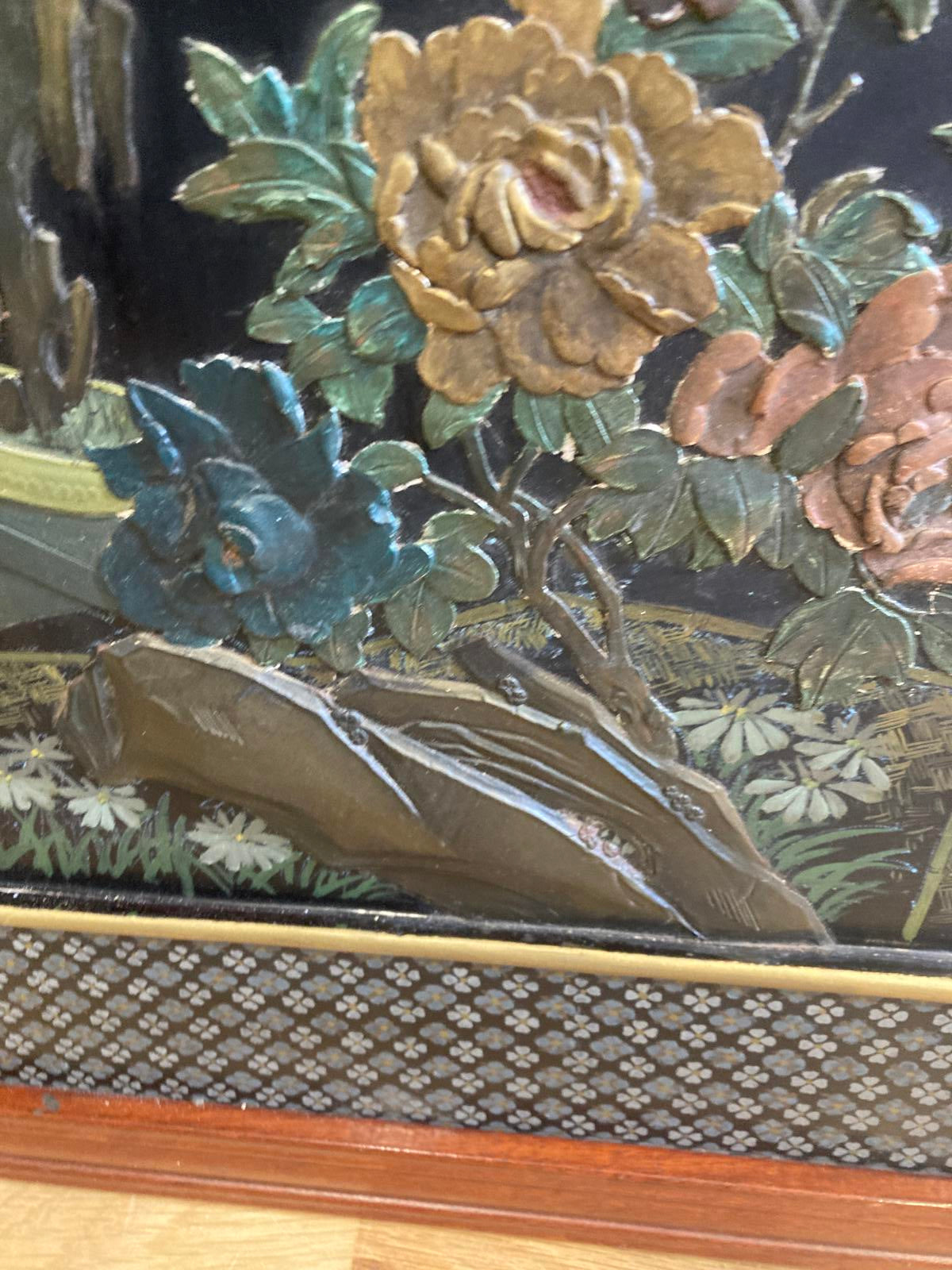 Vintage Asian Stone Inlay Wall Art with Wood Frame