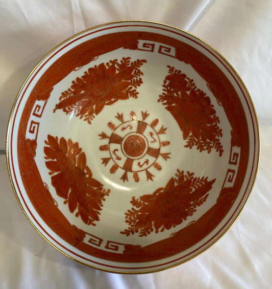 Vintage Orange & White Bowl with Gold Rim – Floral & Dragon Motif