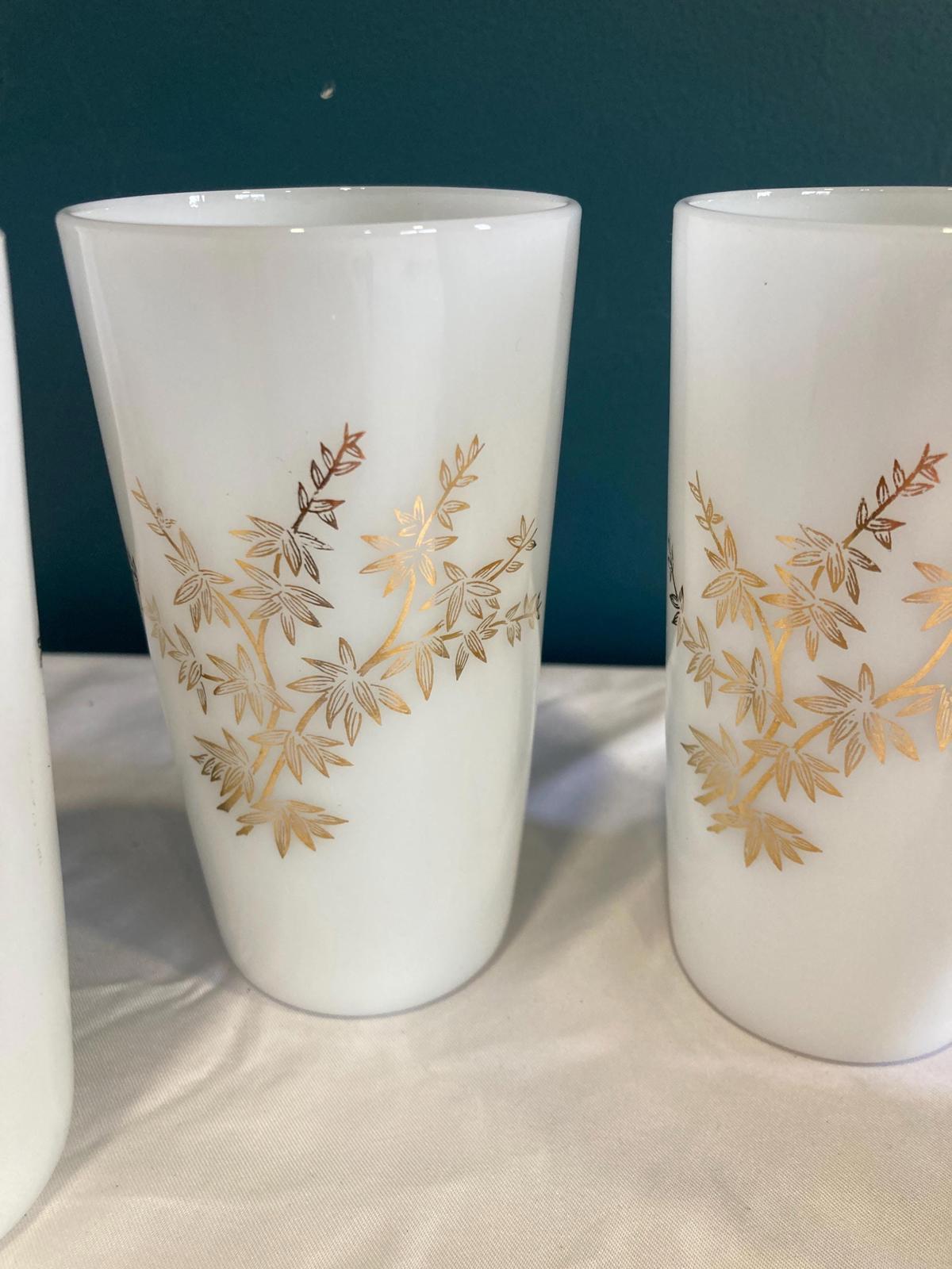 Vintage Milk Glass Tumblers with Gold Leaves, set of 4