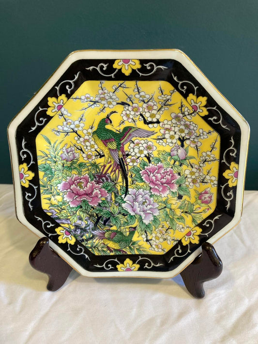 Octagonal Yellow Floral Plate with Bird – Vintage Finds
