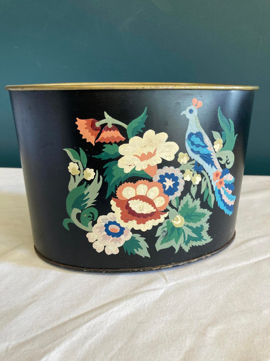 Vintage Toleware Small Oval Peacock Cachepot or Planter