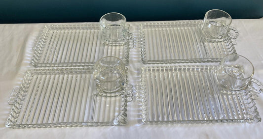 VTG Hazel Atlas Sip N Smoke Snack Set – 4 Trays & Cups w/ Box, MCM Luncheon Set