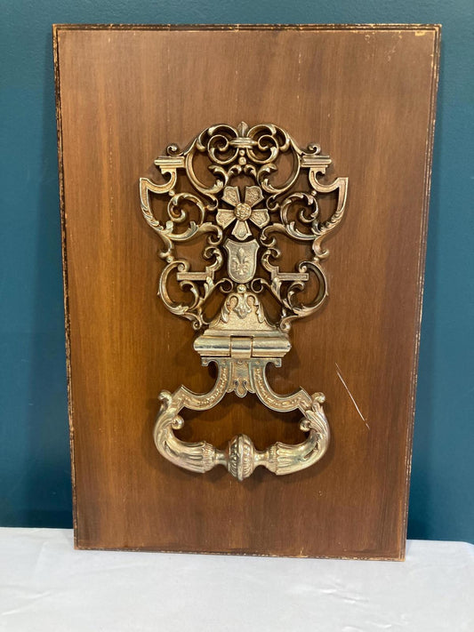 Vintage Gold Door Knocker on Wood Decor by Syroco Wood