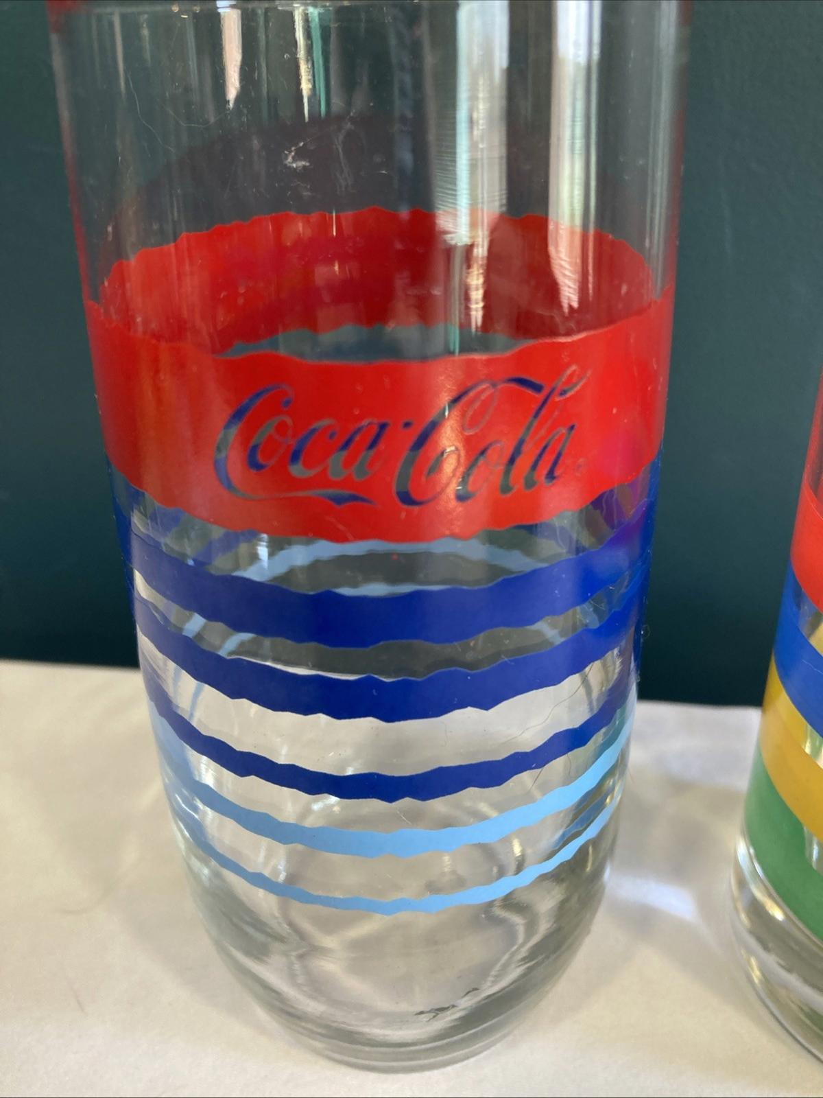 Vintage Set of 2 Coca Cola Striped Drinking Glasses 12 oz Soda Tumblers