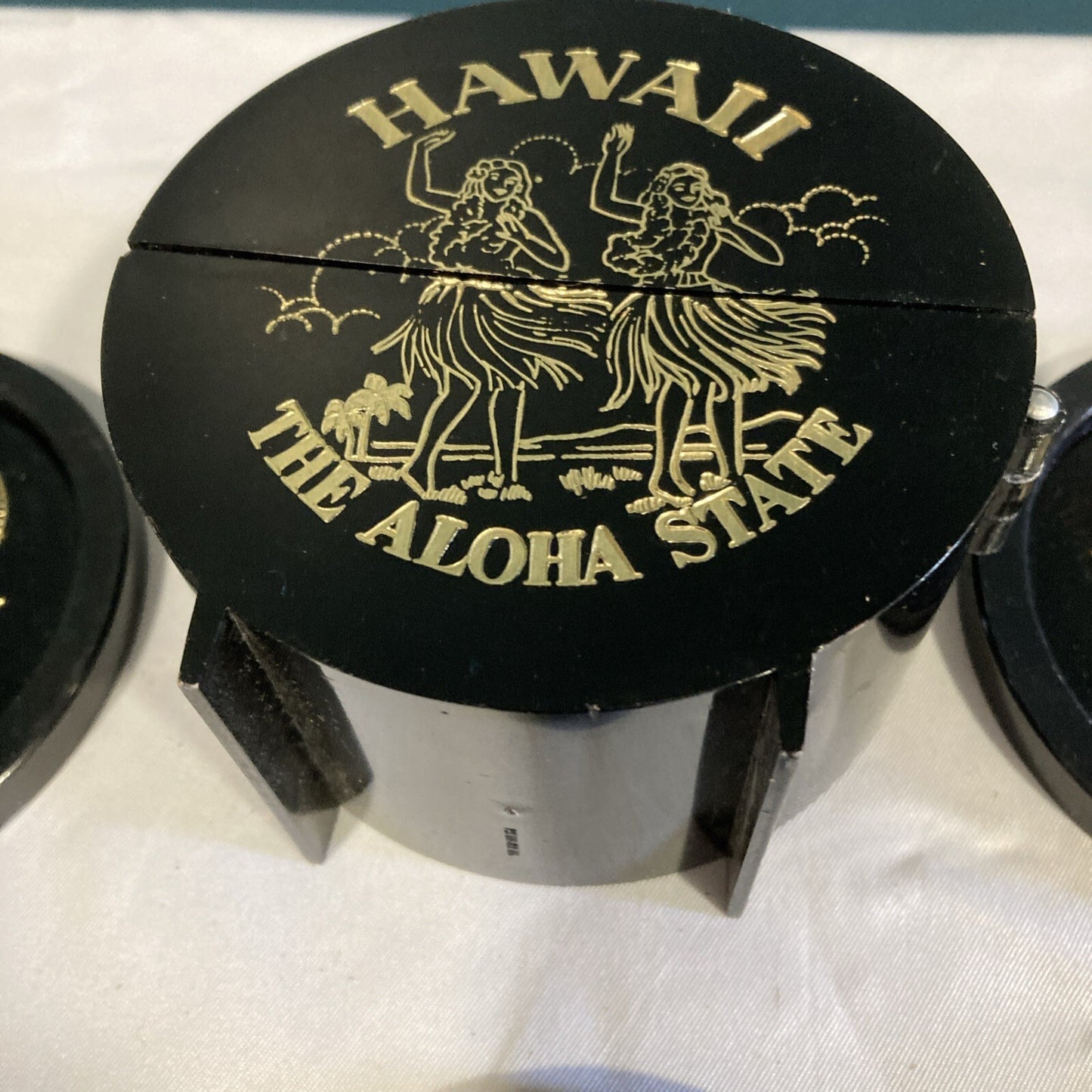 Vintage Black Plastic Hawaii Islands Coasters Set of 5 Round