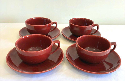 Vintage Bauer Pottery Red Moderne Cup and Saucers Set of 4 Los Angeles