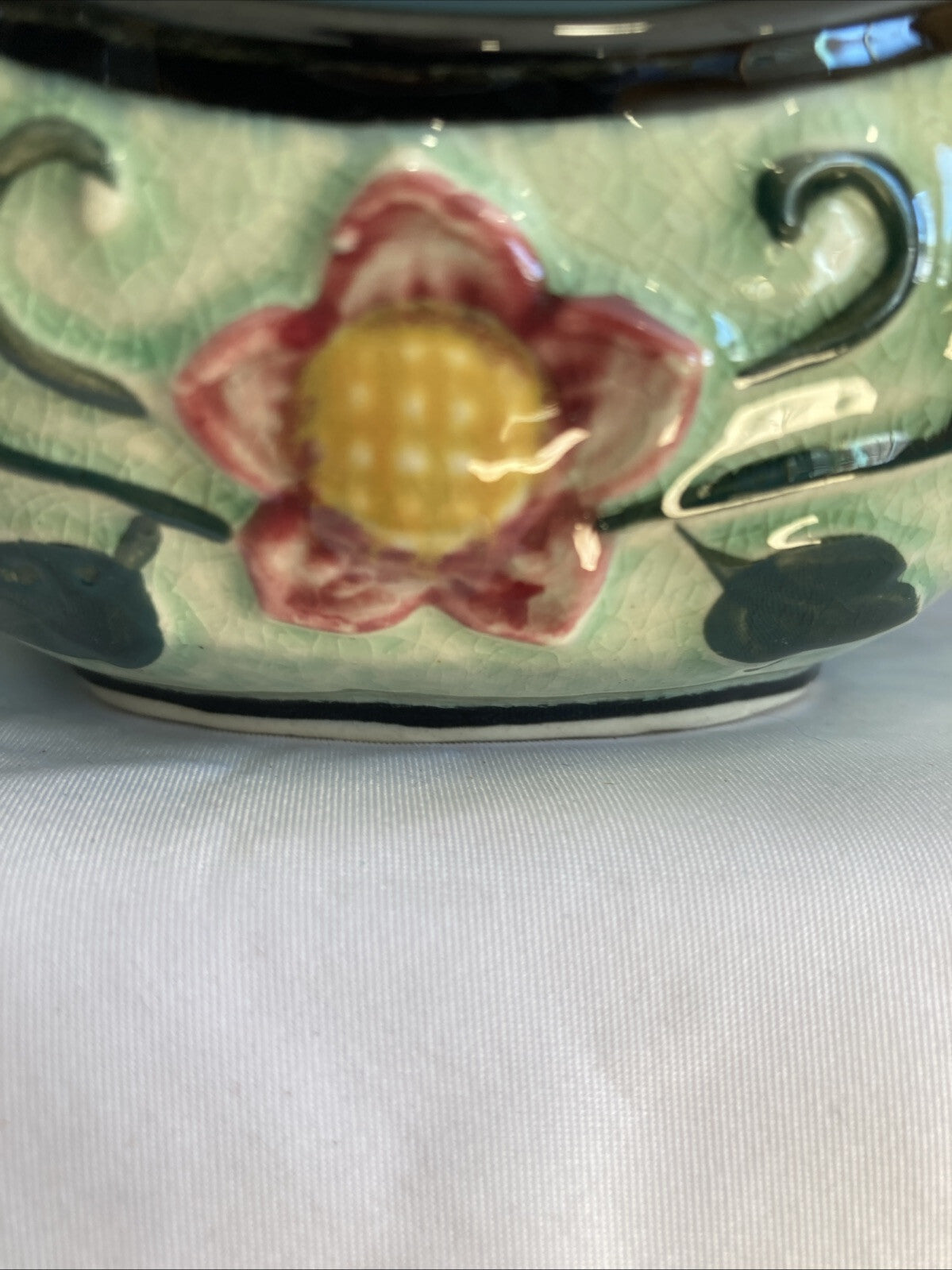 Vintage Japan Ceramic Basket Hand Painted Flowers Green with Black Edge 4"