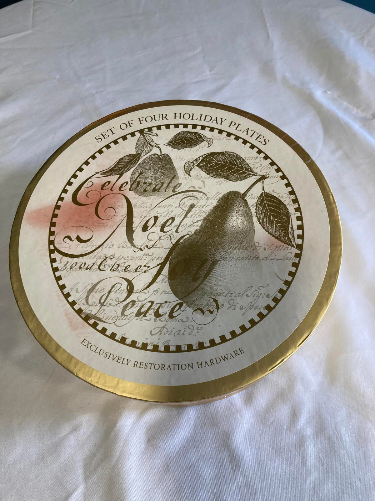 Set of 4 Restoration Hardware Noel Pear Dessert Plates Gold Script Holiday