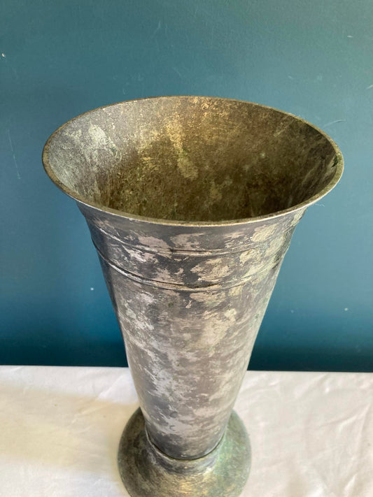 Vintage Pottery Barn Metal Trumpet Vase –Tall Patina Flower Vessel, Rustic Decor
