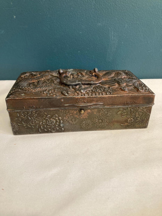 Antique Japanese Copper Box with Ornate Dragon Lid