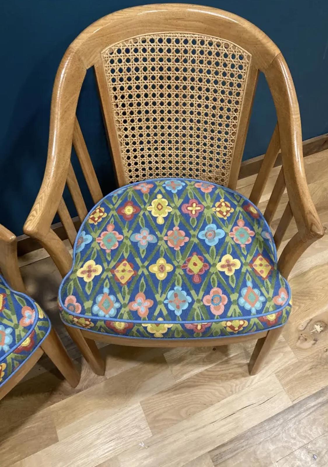 Vintage Cane Back Accent Chairs with Blue Floral Upholstery, Set of 2