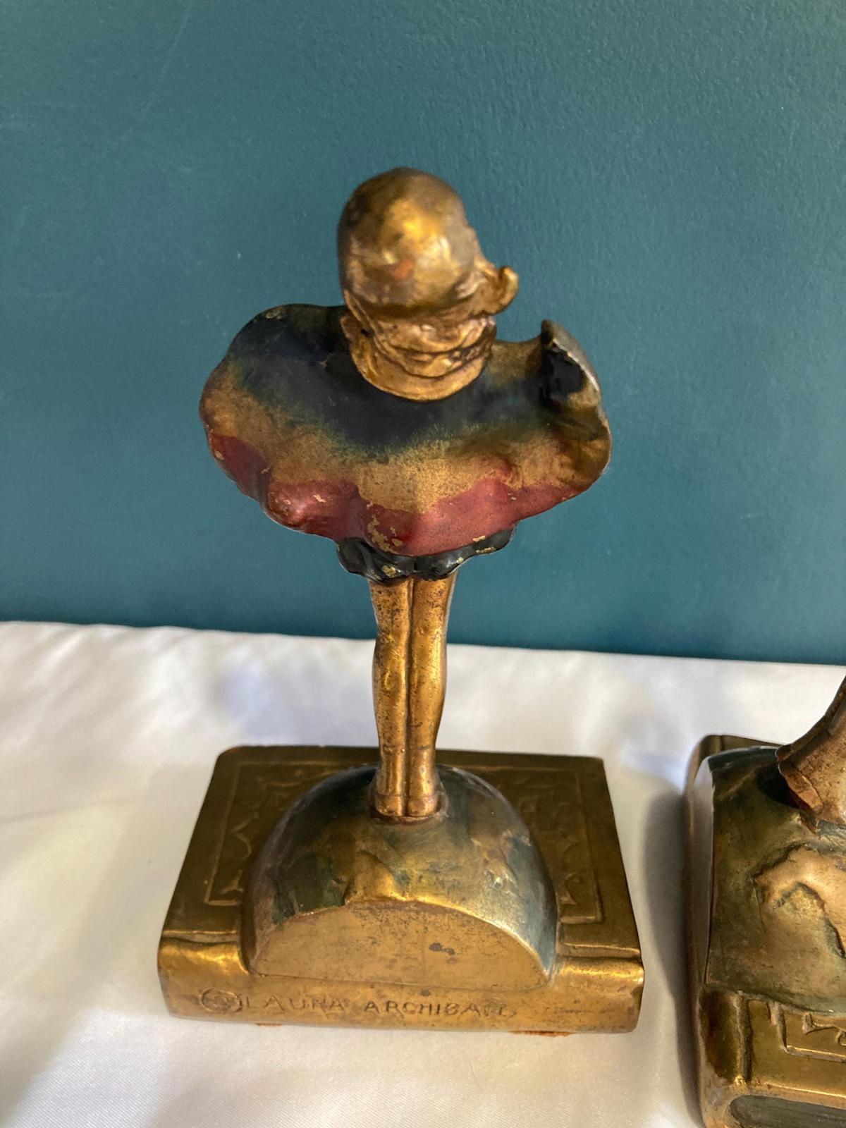 Antique Pompeian Bronze Bookends Laura Archibald 1920 Top O' The Morning Girl, Set of 2
