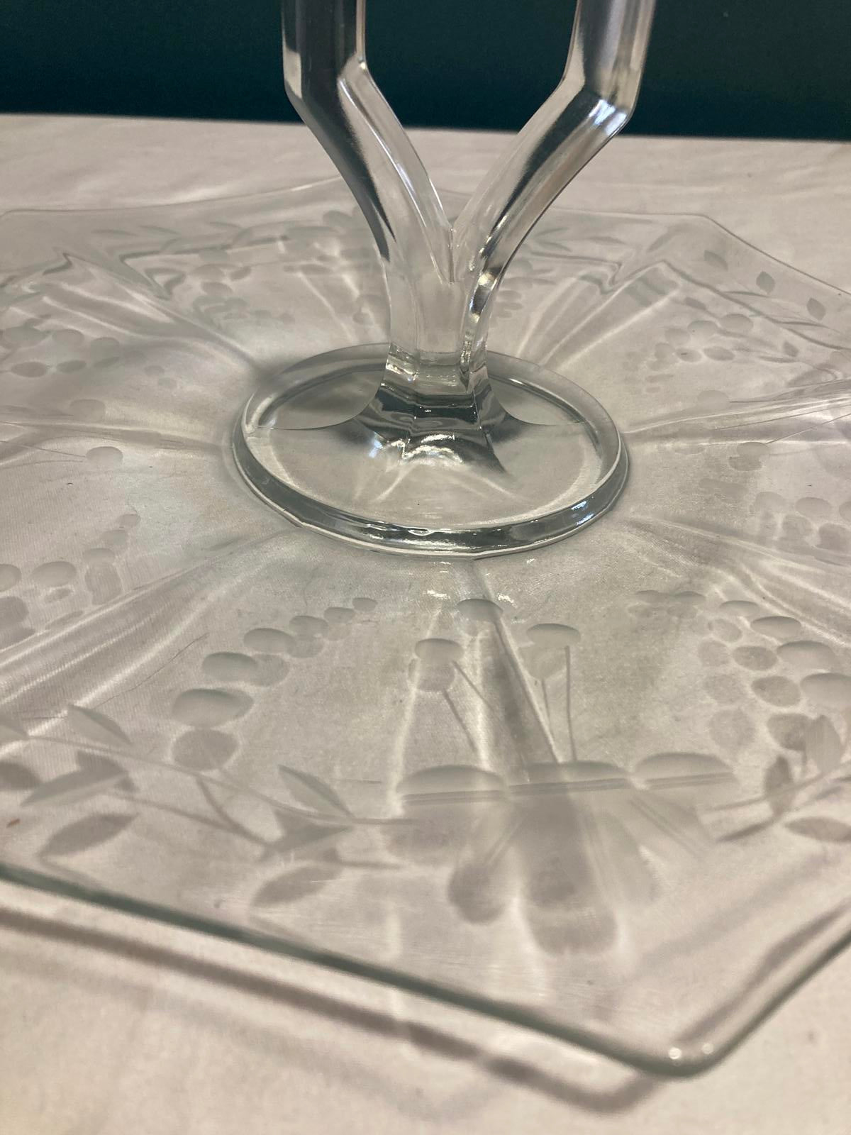 Vintage Etched Glass Cake Plate with Handle