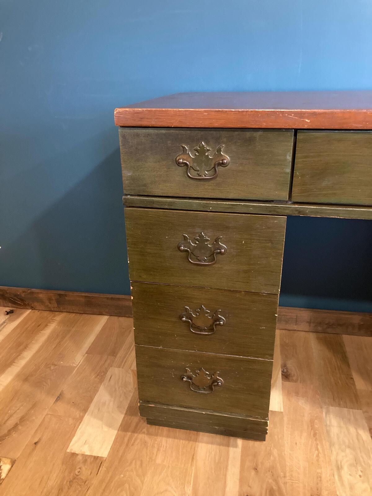 Mid Century Bassett Wooden Desk, Green Stained Solid Wood Desk, 7 Drawer Writing Desk, Vintage Office Furniture