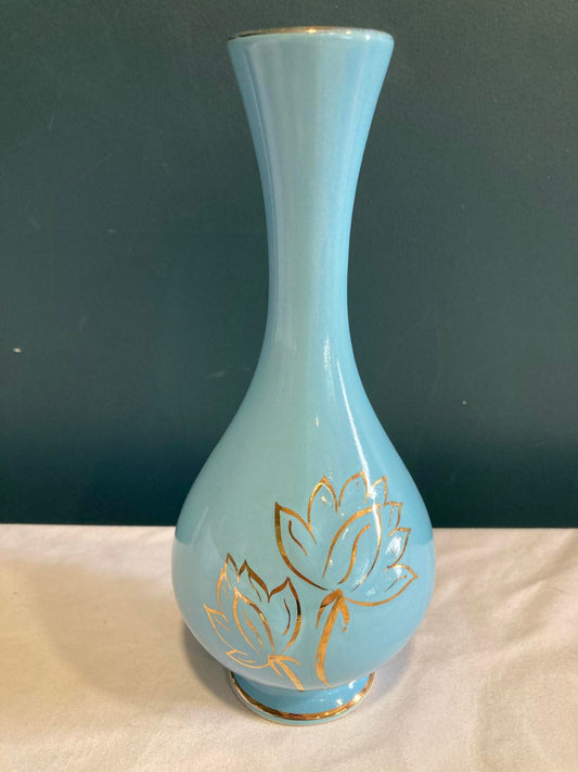 Vintage Blue & 22k Gold Lotus Vase by Pearl China Co.