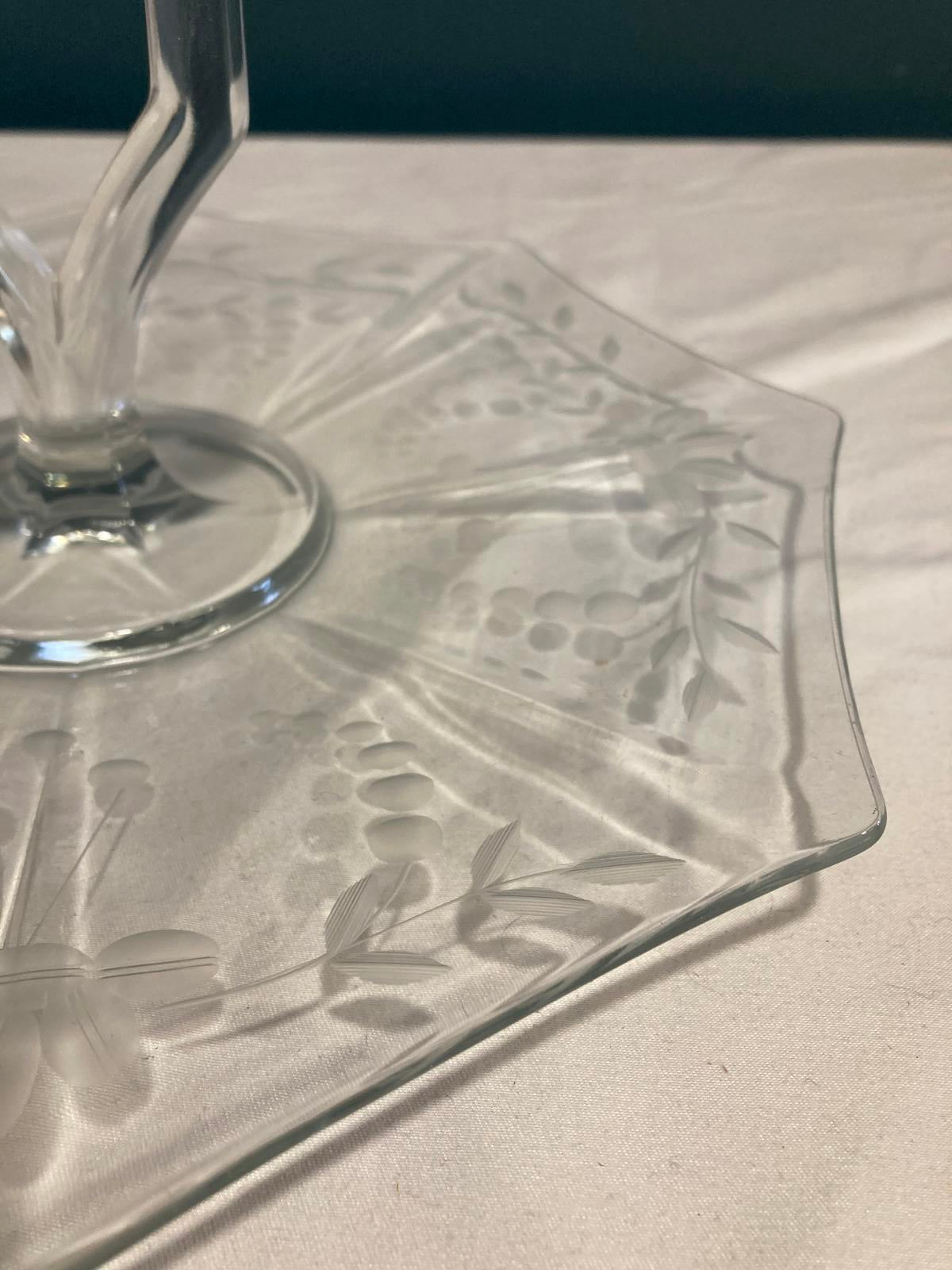 Vintage Etched Glass Cake Plate with Handle