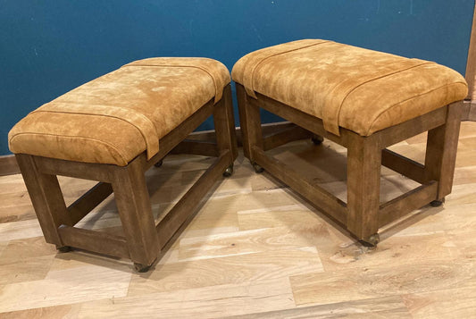1970's Drexel Heritage Suede Golden Tan Ottomans or Footstools, Set of 2