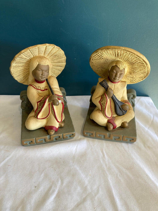 Vintage Devonware Chalkware Asian Boy and Girl bookends Made in Canada Genuine Hand Painted Ceramic