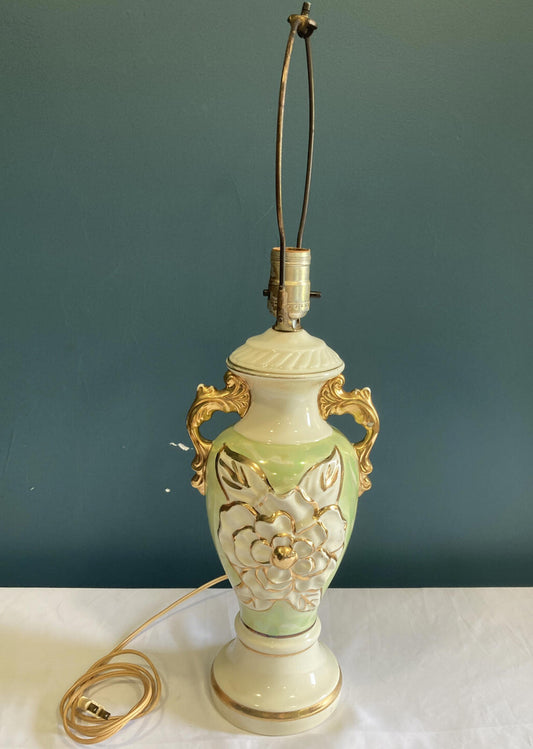 Vintage Hand-Painted Green & Gold Floral Ceramic Urn Lamp Victorian Style