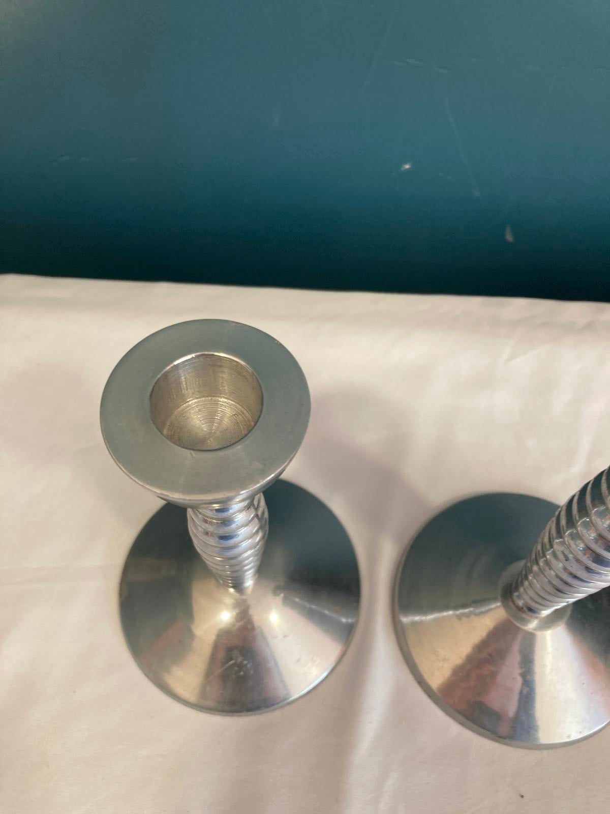 Metalworks by International Stacked Ring Candlesticks Pair Mid Century Modern