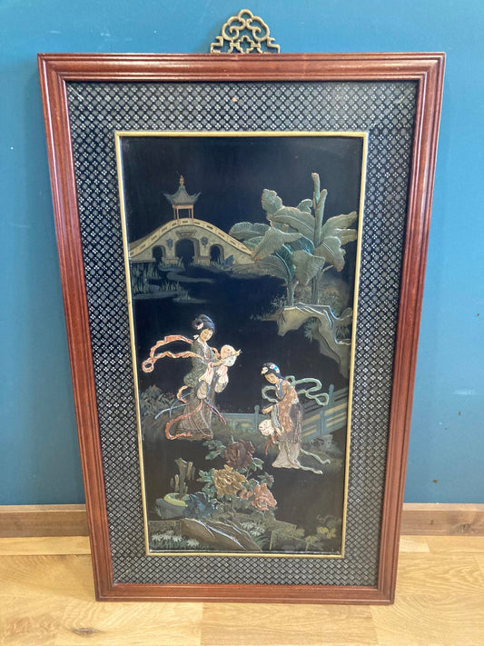 Vintage Asian Stone Inlay Wall Art with Wood Frame