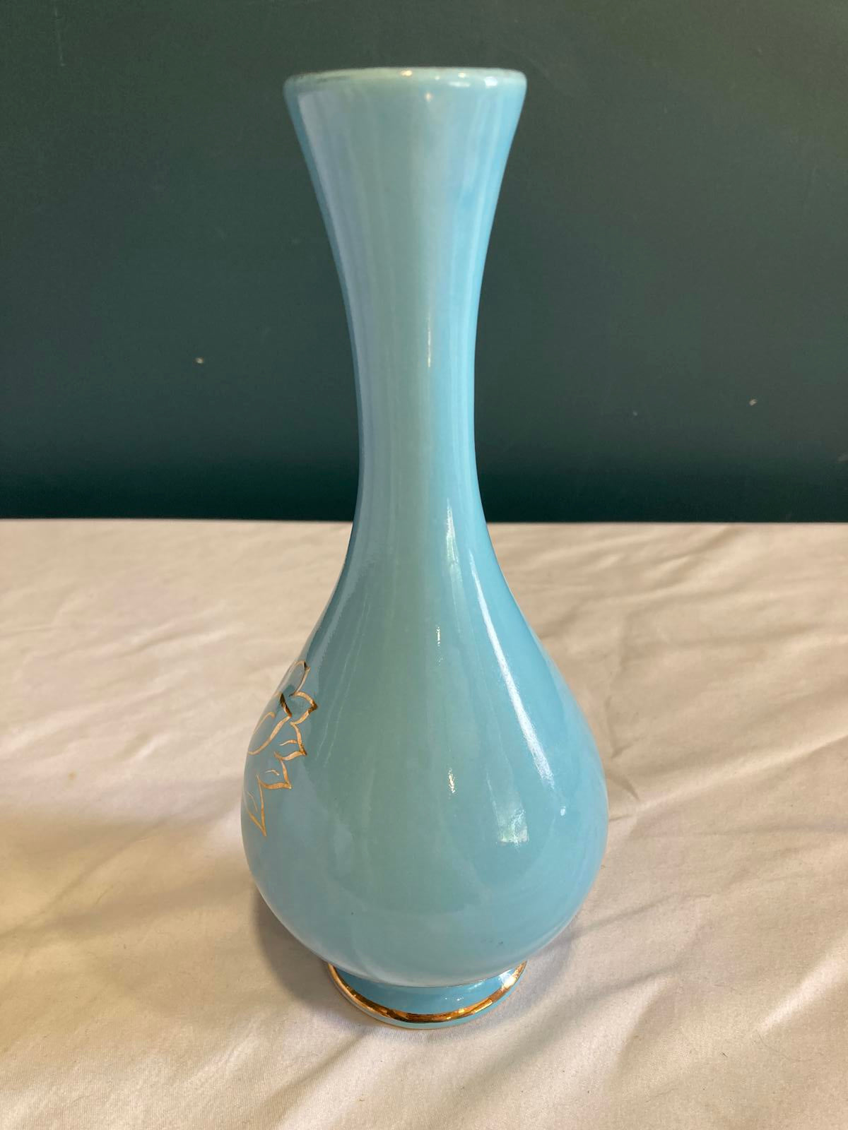 Vintage Blue & 22k Gold Lotus Vase by Pearl China Co.
