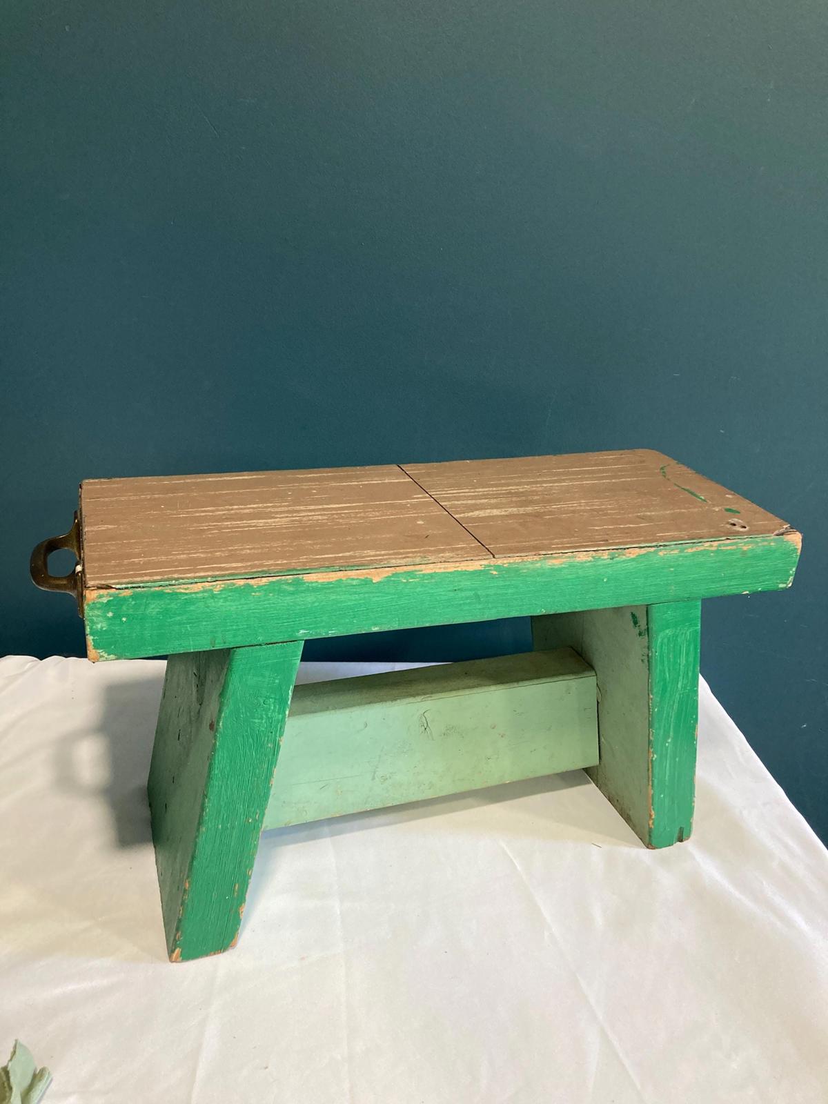 1970s Vintage Green Solid Wood Stool With Handle