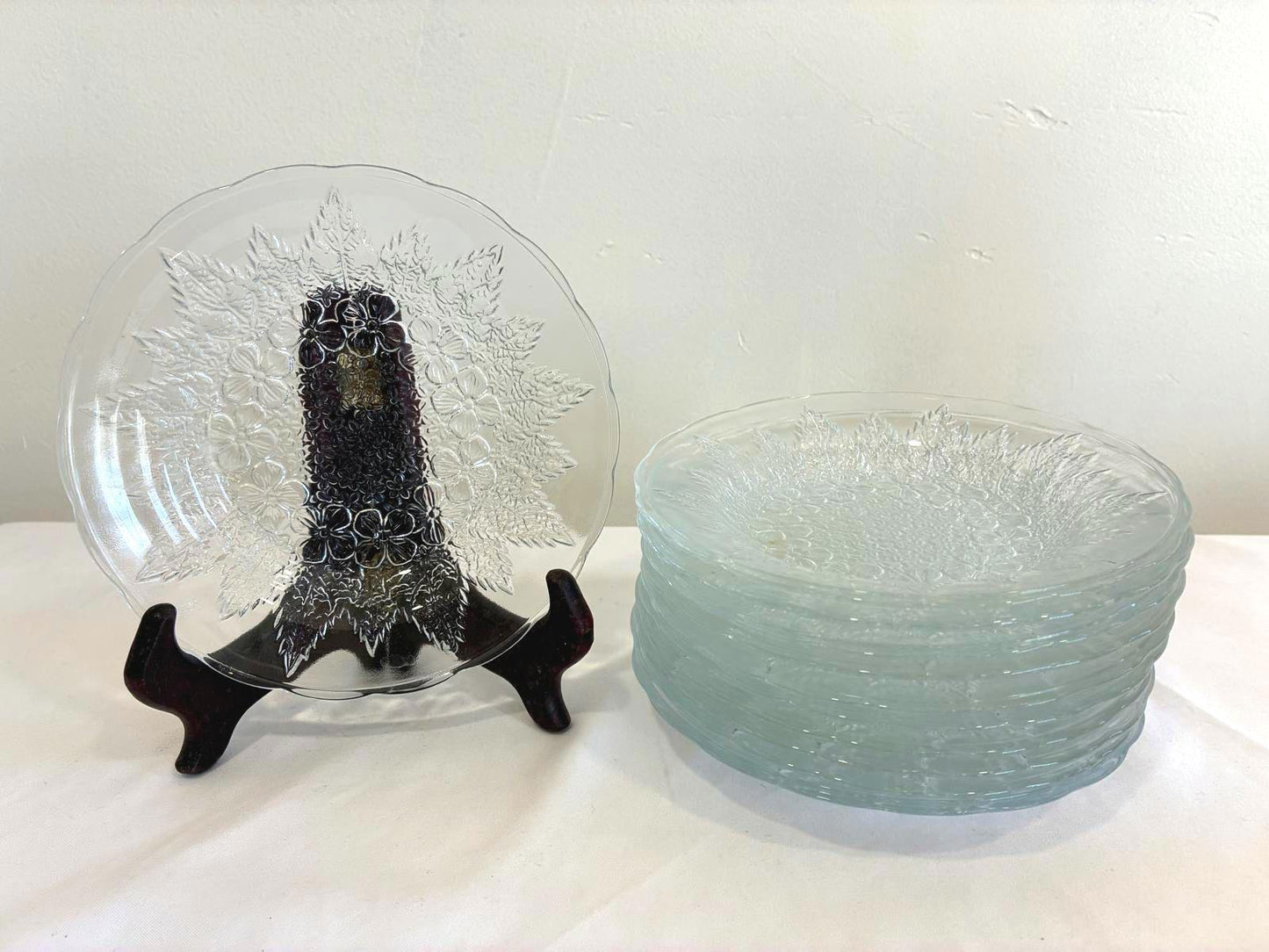 Vintage KIG Indonesia Floral Pressed Glass Dessert Plates, Set of 11