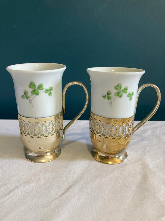 Vintage Shamrock Porcelain Mugs with Silver Holders, Irish Coffee Cups