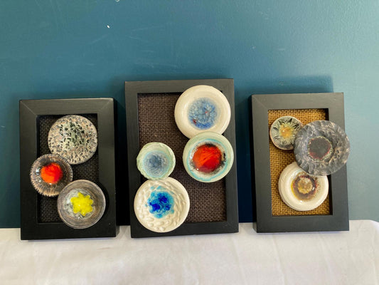 Framed Ceramic Mosaic Pottery Art on Burlap, Set of 3