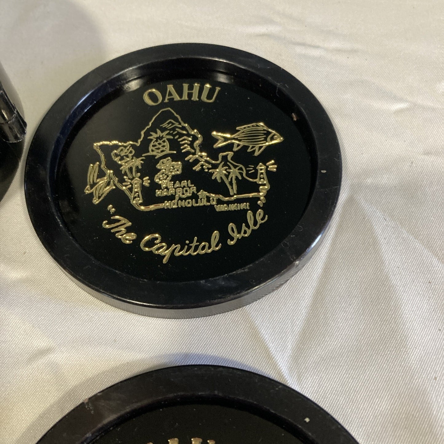 Vintage Black Plastic Hawaii Islands Coasters Set of 5 Round