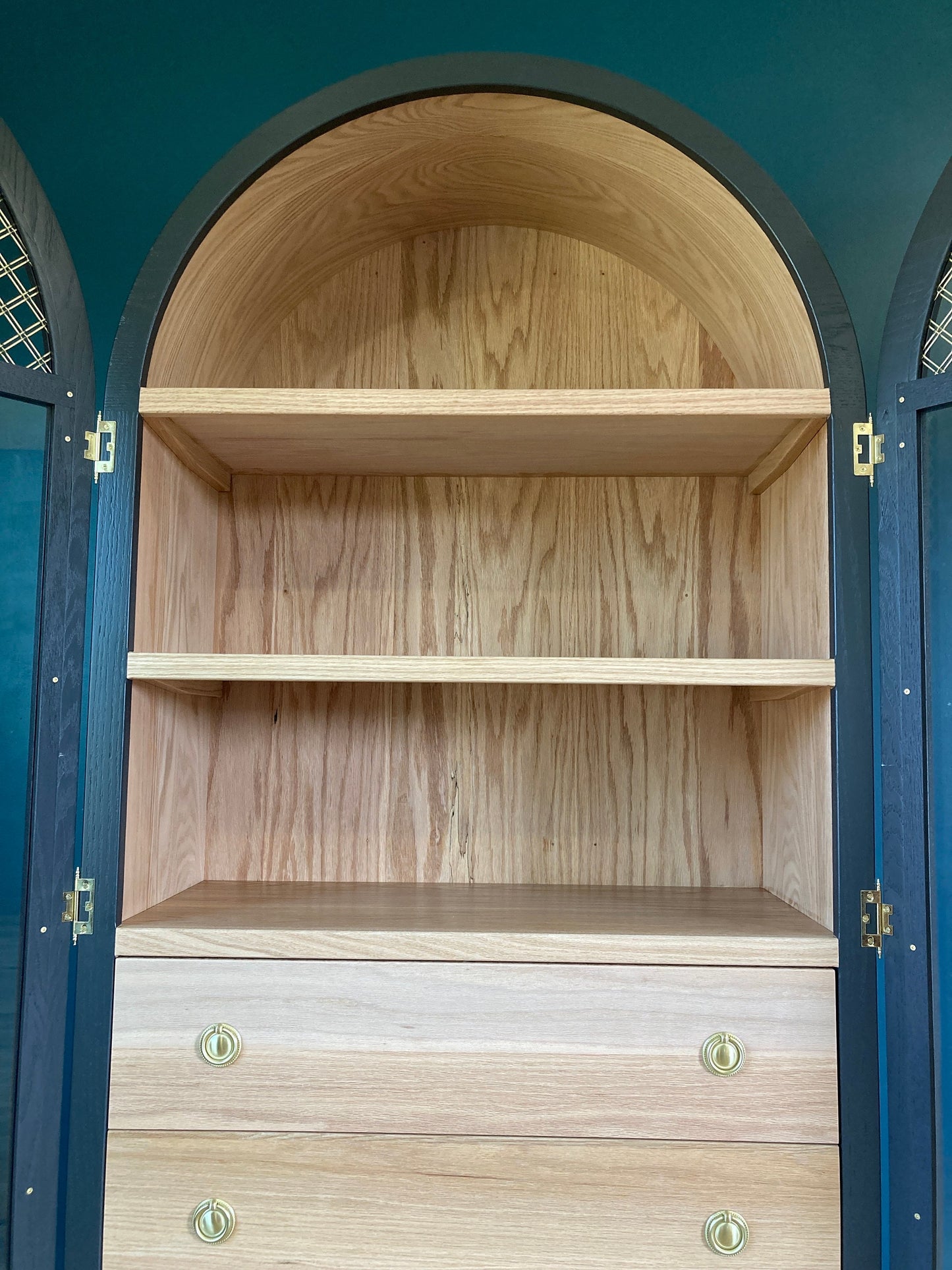 Two (2) New Hand Crafted Arched Cabinet with 3 Drawers For Lowengart Cient