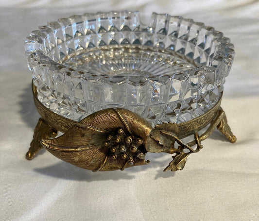 Vintage Crystal Ashtray with Ornate Brass Base Footed Ashtray with Floral Detail