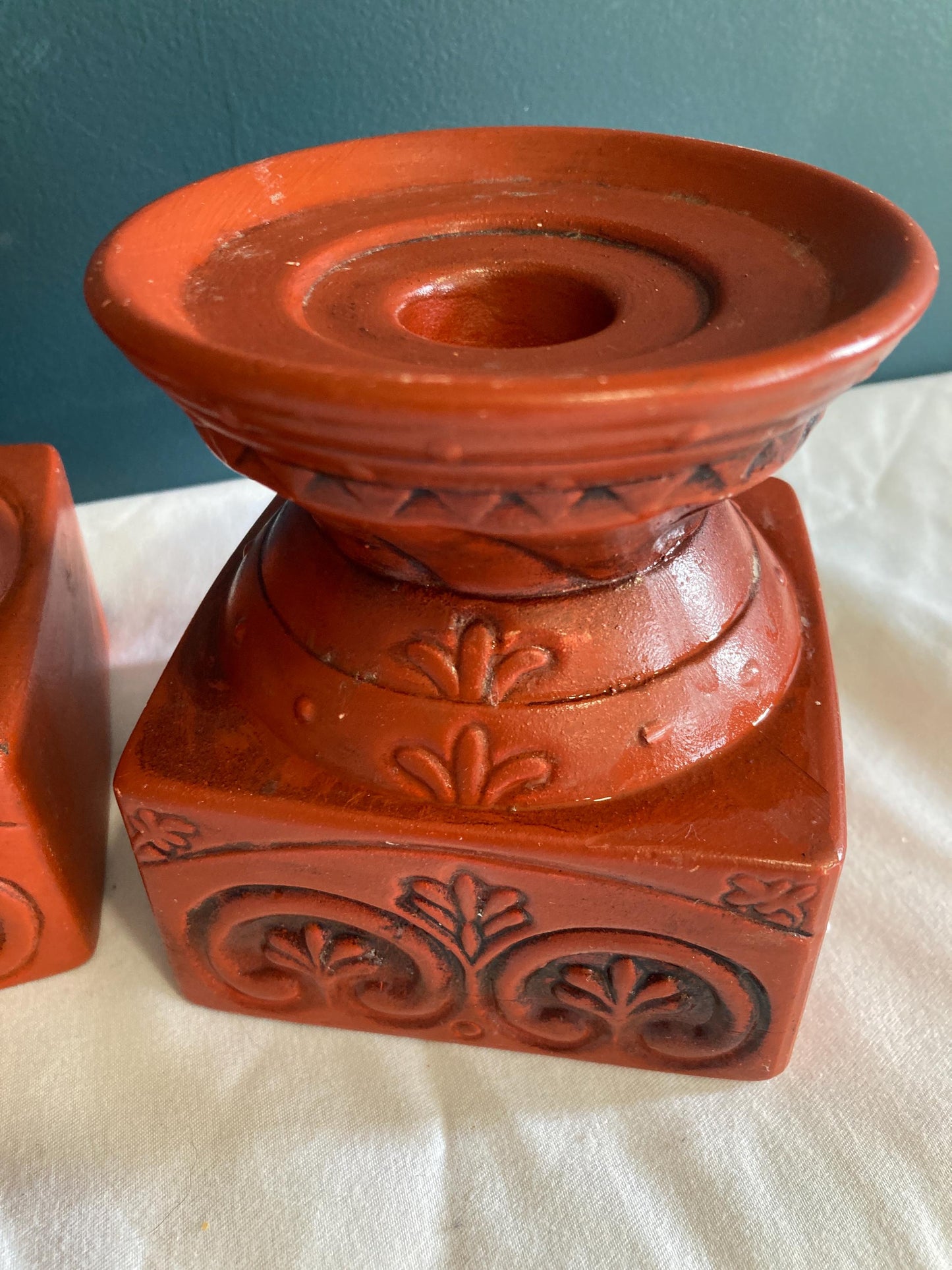 Vintage Brick Red Ceramic Candle Holder Stands, set of 3